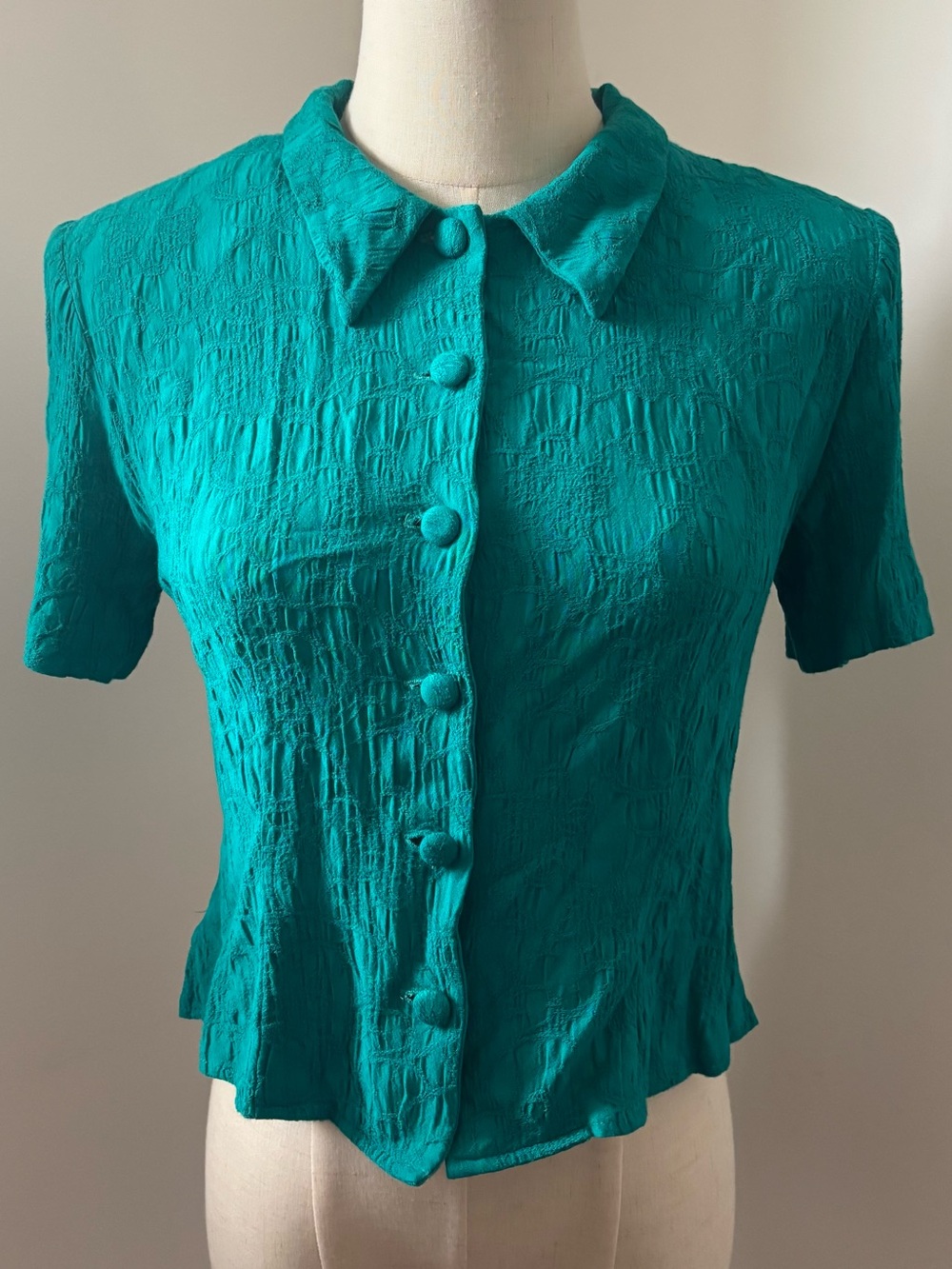 Vintage Karin Stevens Teal Textured Short-Sleeve Cropped Button-Front Shirt
